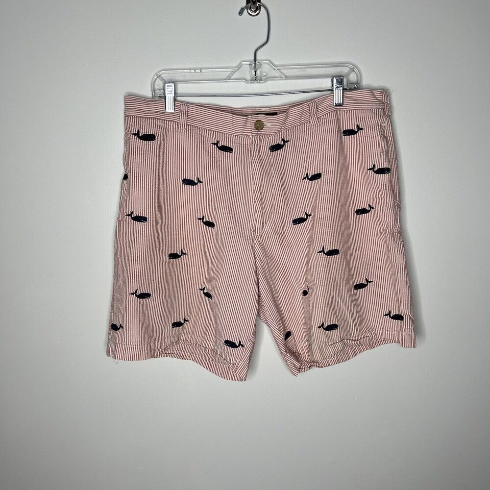 J Crew Chino Shorts‎ Mens 38 Seersucker Embroidered Whales Stripe Cotton Preppy - Picture 4 of 10